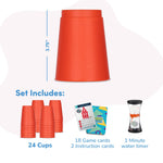 Gamie Stacking Cups Game for Kids - Set Includes 24 Cups, 18 Fun Challenging Cards, and Water Timer - Family Games for Kids and Adults, Indoor Recess Game for Classroom, Gifts for Boys and Girls