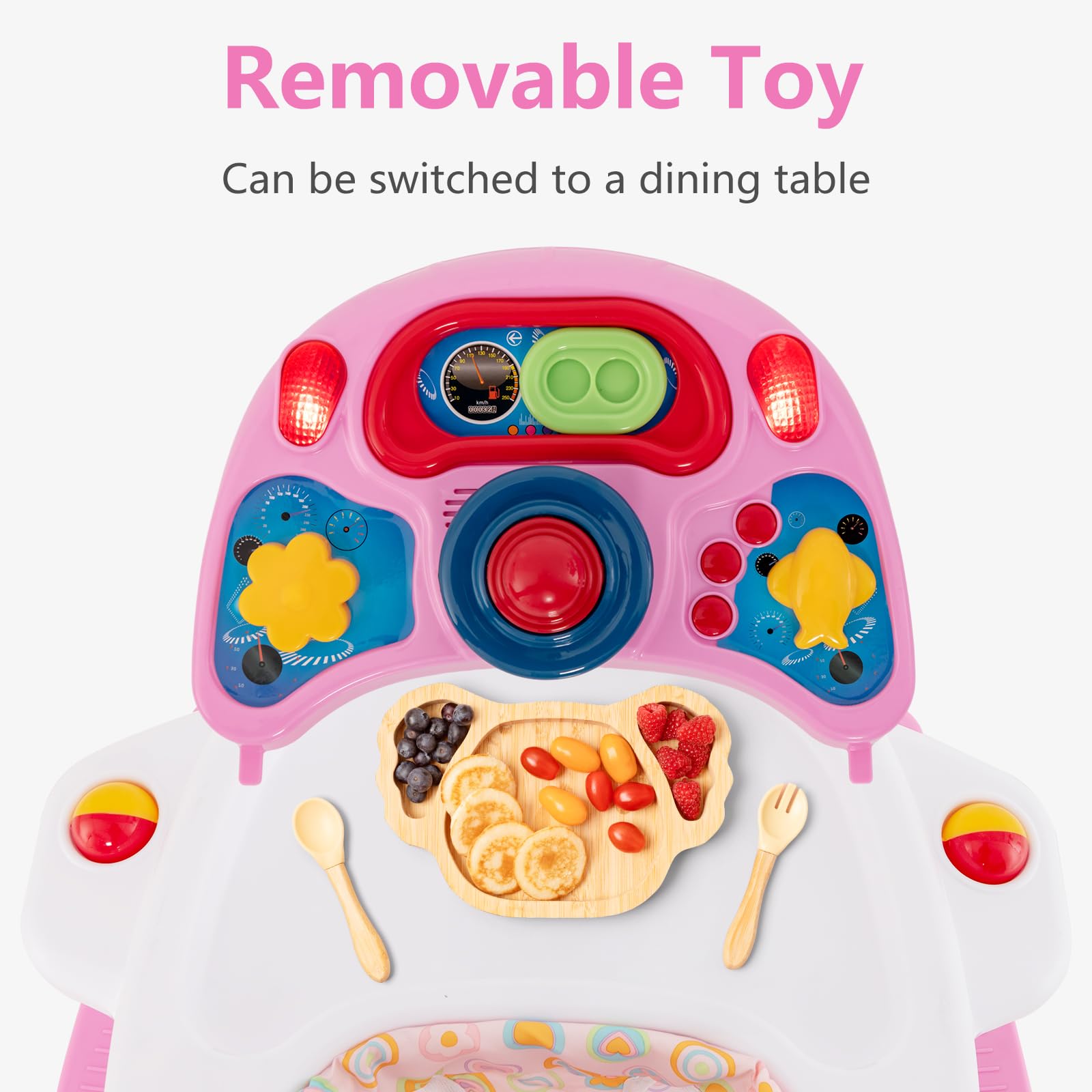 INFANS Baby Walker, 5 in 1 Behind Walker Learning Seated Rocker Bouncer with Removable Music Tray, Adjustable Height, Washable Seat Cushion, Foldable Activity Center for Toddlers (Pink)