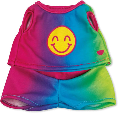 Colorful outfit with a smiley face design on a white background