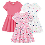 PATPAT Girl Cat Rainbow Dot Dress 3-Pack, Cute Short Sleeve Cotton Skater Dresses for School, Park & Vacation, Girls 5–6 Years