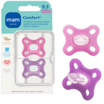 Mam comfort baby soothers in pink and purple with packaging on a white background