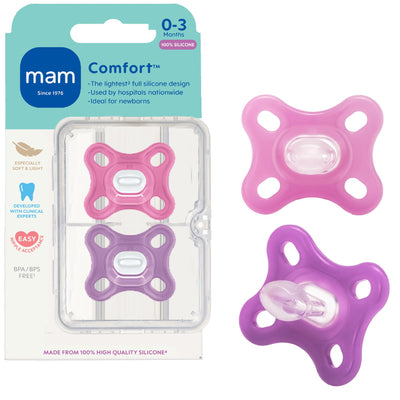 Mam comfort baby soothers in pink and purple with packaging on a white background
