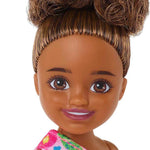 Barbie Chelsea Doll (Brunette Curly Hair) Wearing One-Shoulder Flower-Print Dress and Pink Shoes, Toy for Kids Ages 3 Years Old & Up