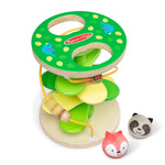 Wooden toy with colorful rings and small animal figures on a white background