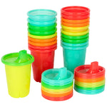 Stacks of colorful plastic cups with lids on a white background