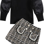 fhutpw Baby Toddler Girl Outfits Fall Winter Clothes Turtleneck Knitted Cotton Long Sleeves Tops & Button Mini Skirts Set