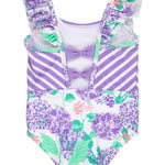 RuffleButts Girls UPF50+ Sun Protection Sleeveless Pinafore One Piece Swimsuit - Purple Hydrangea Garden, 3-6m