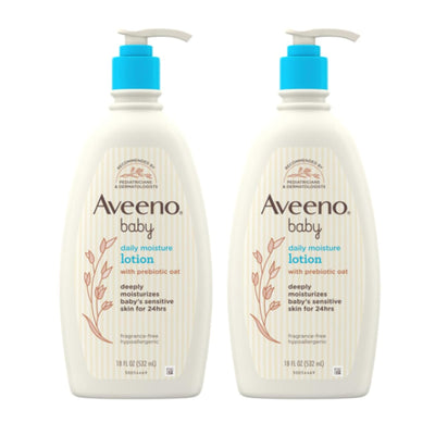 Two bottles of Aveeno baby daily moisture lotion on a white background