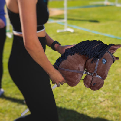Playful Minds Large Hobby Horse for Kids and Adults – Show Quality with Rhinestone Studded Bridle, Removable Reins, and Long Mane – Plush Handmade Tournament Stick Horse (Bay (Brown))