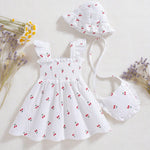 Vibebox Baby Girl Dresses 3-6 Months Ruffle Sleeveless Button Cotton Clothes Birthday Gifts Infant Girls 6 Months White Cherries Summer Beach Garden Party Wedding Casual Dress with Cute Hat and Bag
