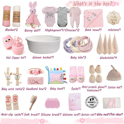 30-Piece Baby Girl Shower Gift Basket Set - Newborn Essentials, Large Pink Gift Basket With Rattle, Swaddle, Diaper Caddy Organizer