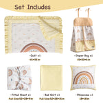 ROBUD 5-Piece Crib Bedding Set for Boy Girls, Nursery Bedding Standard Size with Boho Quilt, Crib Sheet, Crib Skirt, Pillowcase and Diaper Bag (Beige Rainbow)