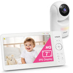 Vtech baby monitor with screen displaying a baby and camera on a white background