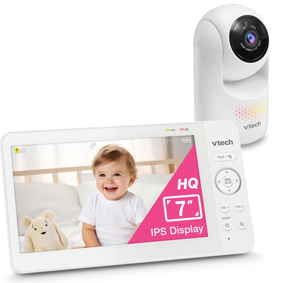 Vtech baby monitor with screen displaying a baby and camera on a white background