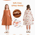 2 Packs Toddler Girls Longsleeve Crewneck Floral Dresses Forest Animals Longsleeve Dresses 4-5 Years