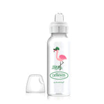 Clear baby bottle with flamingo design and DiBrown's logo on a white background