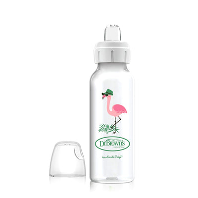 Clear baby bottle with flamingo design and DiBrown's logo on a white background