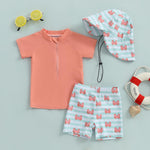 DuAnyozu Baby Boys Swimsuit Long Sleeve Rash Guard Swimwear Baby Boy Gril Swim with Hat Set 3-Piece Toddler Bathing Suit (S-Orange, 12-18 Months)