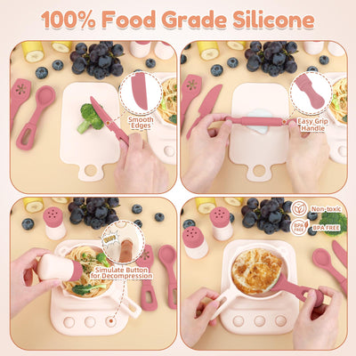 TYRY.HU 11Pcs BPA Free Kids Play Kitchen Accessories Toy, Silicone Pretend Play Food Sets,Cooking Toys Set with Pots & Pans,Pretend Cooking Toys, Montessori Learning Gifts for Toddlers 1-3,Pink