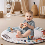 Blissful Diary Baby Play Gym & Activity Mat, 5 Developmental Zones Wooden Tummy Time Mat with 5 Detachable Sensory Toys for Motor Skills & Sensory Development, Baby Essentials Shower Gift