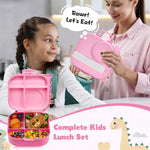 Pawtong Bento Lunch Box with Thermo, 4-Compartment Bento Box with Adjustable Dividers, Leakproof Dinosaur Lunch Box with 14.2OZ Insulated Food Jar & Sauce Jar, for School Office Travel(Pink)