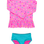 RuffleButts Baby/Toddler Girls Scalloped Long Sleeve Rash Guard 2-Piece UPF50+ Sun Protected Swimsuit - Neon Pink Colorful Hearts, 2T
