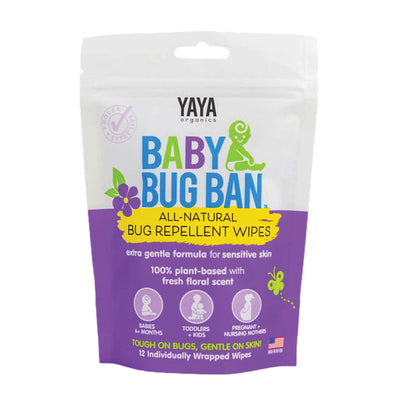 Yaya Organics Baby Bug Ban all-natural bug repellent wipes packaging on a white background