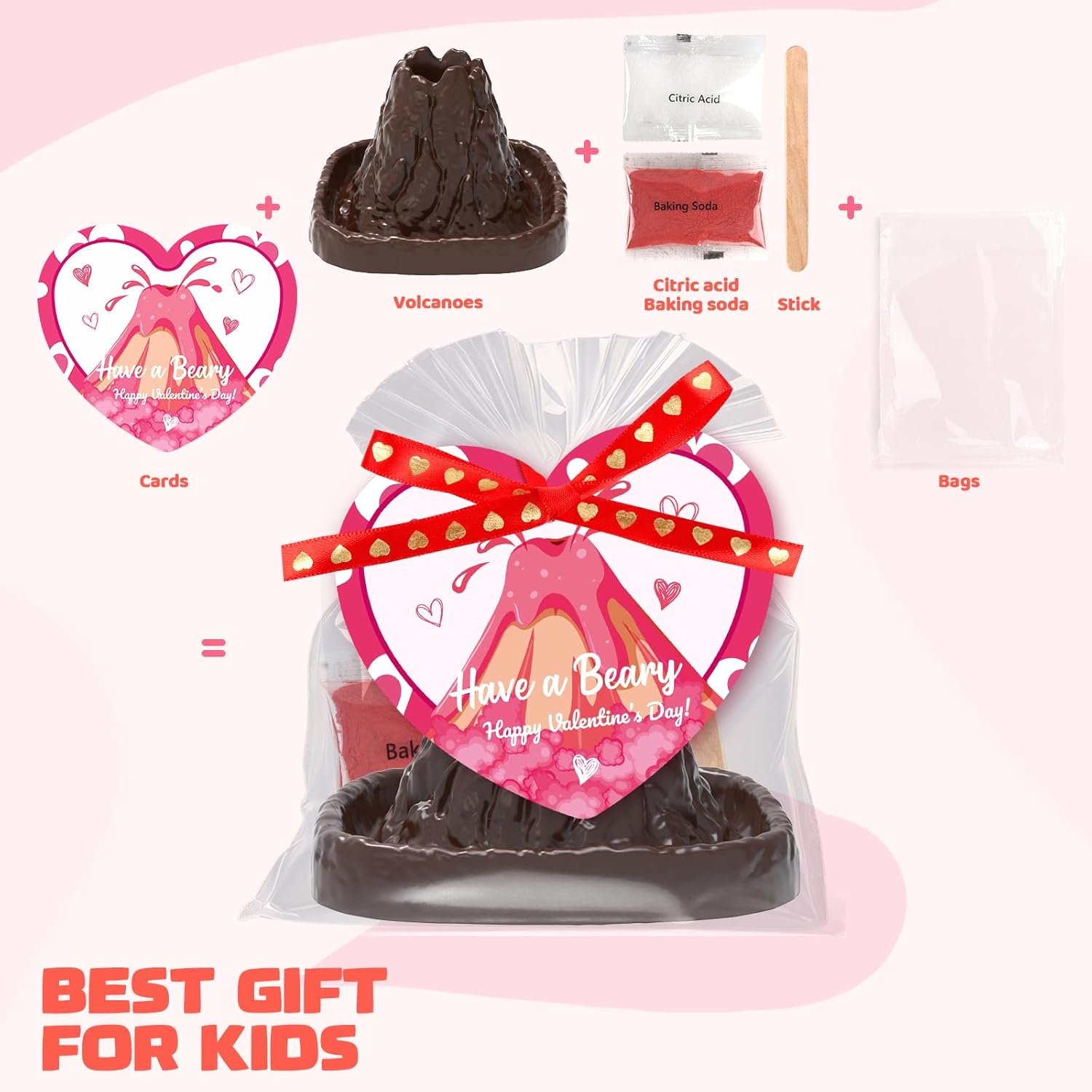 Valentines Day Large Volcano Science Kit - 24 Pack Valentines Day Gift Cards for Kids, Volcano Erupting Experiment Toys STEM Educational Toys for Classroom Exchange School Activities Party Favors
