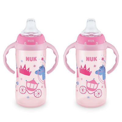 Two pink NUK baby bottles with princess design on a white background