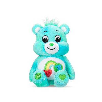 Plush toy bear with a rainbow and heart design on a white background