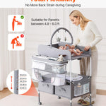 VEVOR Baby Changing Table, Foldable Diaper Change Station with 2 Fabric Drawers, Side Basket and Hanging Rod, Adjustable Height Changing Table with Lockable Wheels and 2 Star Toys, Light Gray