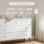 dadada Austin 5-Drawer Dresser for Nursery and Bedroom - Modern Design, Large Storage, Baby-Safe Finish, Soft Close Drawers, Anti-Tip Safety, Solid Wood Feet, Durable Construction (White+Walnut)