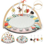 Suihuooo Baby Play Mat Activity Gym,6 Developmental Zones Tummy Time Mat, Foldable Wooden Baby Play Gym with 7 Detachable Sensory Toys for Newborn Brain Development, Essential Baby Shower Set