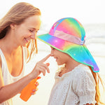 Sun Hat for Kids UV Protection Unicorn Summer, Beach Play Ponytail Hat Wide Brim Neck Flap for Girls 2-9 Years