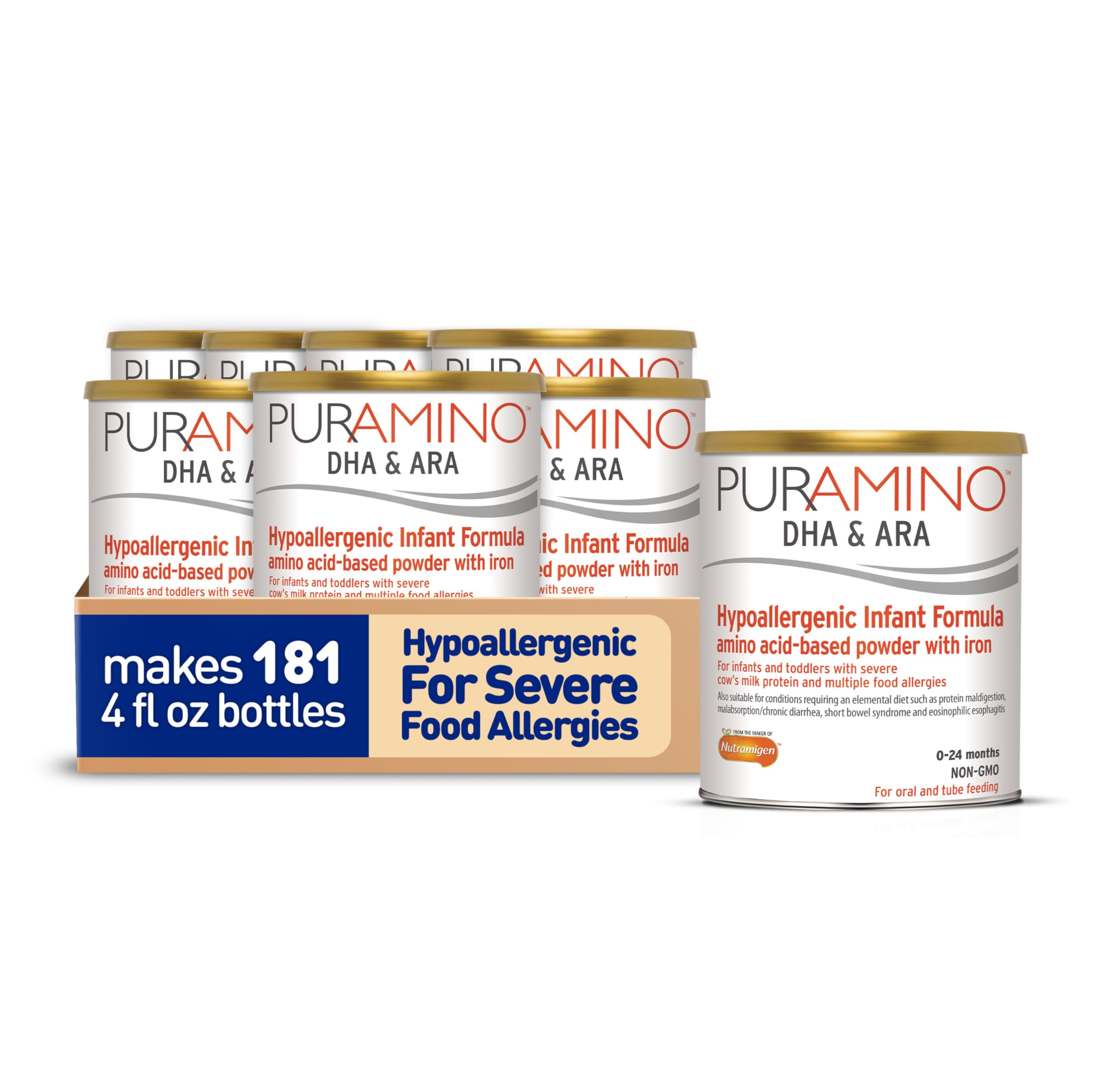 PurAmino Hypoallergenic Infant Drink, for Severe Food Allergies, Omega-3 DHA, Iron, Immune Support, Powder Can, 14.1 Oz (4 Count)