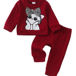 Kucnuzki 2T 3T Girl Clothes Fall Winter Sweatsuit Soft Top Red Pullover Sweatshirt Long Casual Pants Toddler Little Girl Clothes Two Piece Outfits