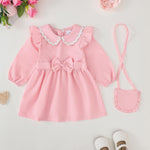Kucnuzki 12-18 Month Girl Clothes Baby Girl Solid Color Outfit Long Sleeve Zip Up Dress Pink Collared Fall Winter Toddler Girls Plain Dresses with Cute Bag