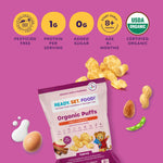 Organic Puffs - Early Allergen Introduction Snack Puffs w/ 9 Top Allergens: Organic Peanuts, Cashew, Egg & More by Ready Set Food, No Added Sugar, Babies 8+ Months, Apple Cinnamon 3-Pack
