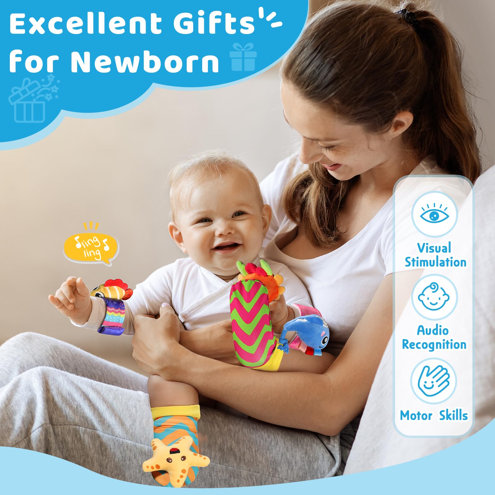 URMYWO Wrist Rattles for Baby - Rattle Socks - Foot Finder Set - Baby Toys for 0-12 Months Infant - Newborn Essentials - Early Learning Sensery Toys for Boys and Girls as Shower Gifts Valentines Gifts