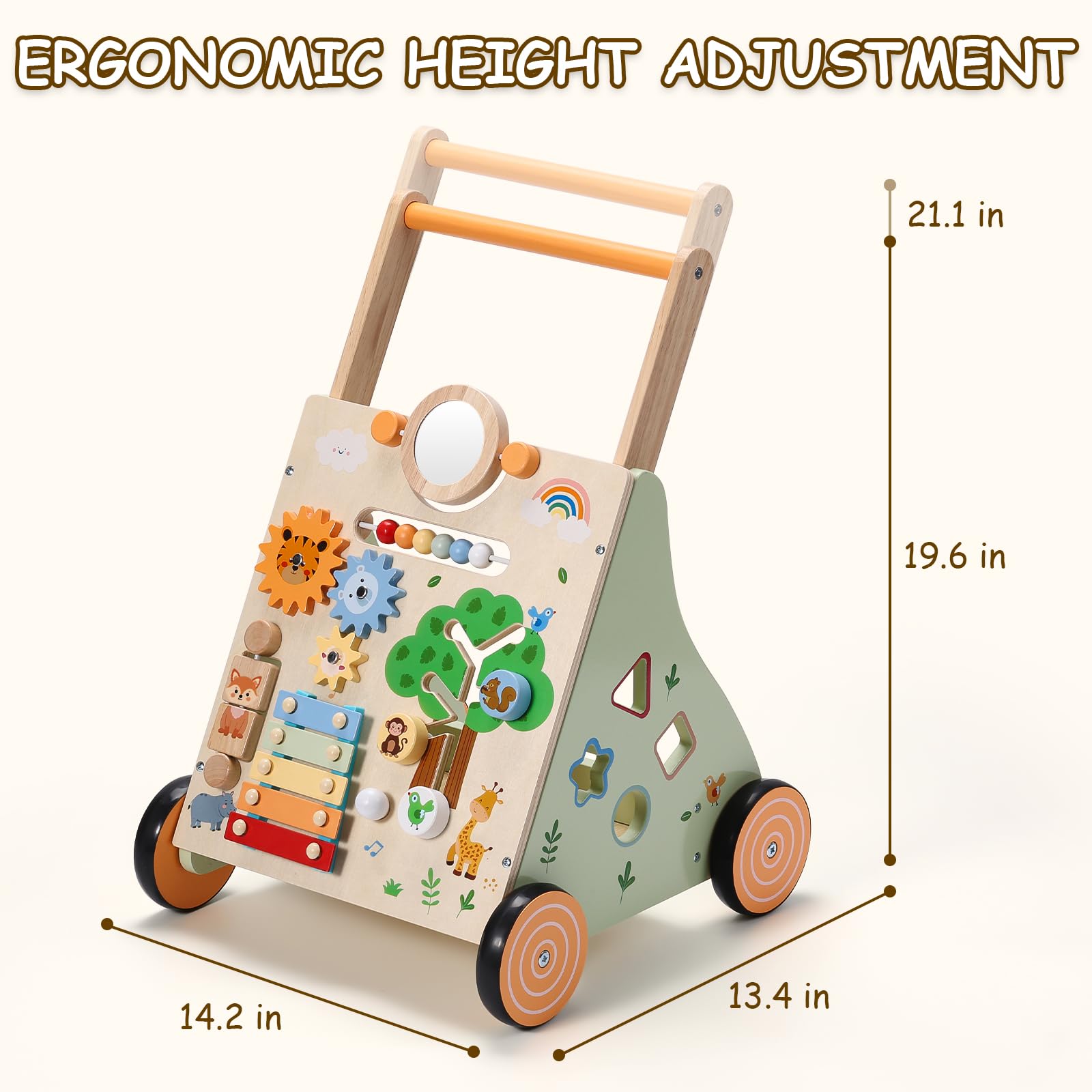 SainSmart Jr. Wooden Baby Walker, Adjustable Height and Speed Baby Push Walker, Montessori Activity Center for 6-12 Months, Push Walking Toys for 1 Year Old Boys Girls Learning to Walk, Animal Theme