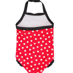 RuffleButts Girls UPF50+ Sun Protection Princess Sleeveless One Piece Swimsuit - Red Vintage Polka Halter, 3T