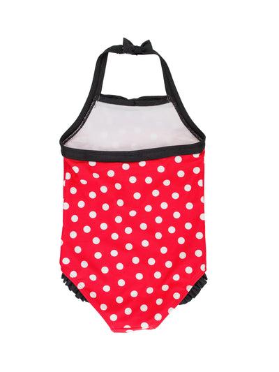 RuffleButts Girls UPF50+ Sun Protection Princess Sleeveless One Piece Swimsuit - Red Vintage Polka Halter, 3T