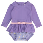 RuffleButts Baby Girls UPF50+ Princess Long Sleeve Bow Skirted One Piece Swimsuit - Amethyst Princess, 18-24m