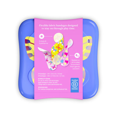 Welly Bandages | Adhesive Flexible Fabric Bravery Badges | Assorted Shapes for Minor Cuts, Scrapes, and Wounds | Colorful and Fun First Aid Tin | Butterfly Patterns - 48 Count