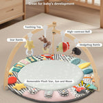 Suihuooo Baby Play Mat Activity Gym,6 Developmental Zones Tummy Time Mat, Foldable Wooden Baby Play Gym with 7 Detachable Sensory Toys for Newborn Brain Development, Essential Baby Shower Set