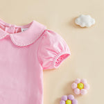 Balaflyie Bubble Romper Baby Boy Girl Cotton Collar Bodysuit Oversize T-shirt Romper Infant Top (Scalloped Collared-Pink,6-12 Months)