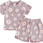 fhutpw Toddler Baby Girls Summer Outfits Daisy Ruffle Short Sleeve T-Shirts Tops Floral Shorts 2Pcs Clothes Set 6M-4T