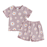 FOCUSNORM Toddler Baby Girl Outfit Newborn Girl Summer Clothes Cute Daisy Short Sleeve T Shirt Top Set Elastic Waist Shorts (Daisy Purple, 12-18 Months)