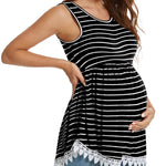 Xpenyo Womens Maternity Tank Top Sleeveless Lace Crochet Trim Peplum Cami Shirts Black White Striped M