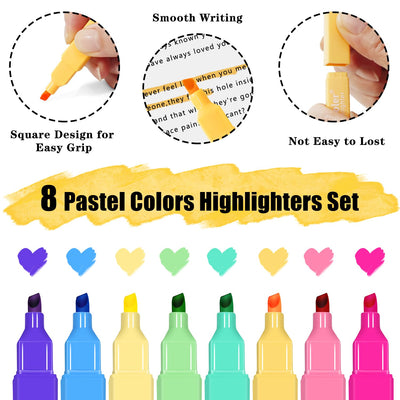 Piochoo Aesthetic Highlighters, 8 Pack Marker Pens, Assorted Color Highlighters,Cute Pastel Highlighte, No Bleed Highlighte for Bible Journaling Planner Notes School Supplies